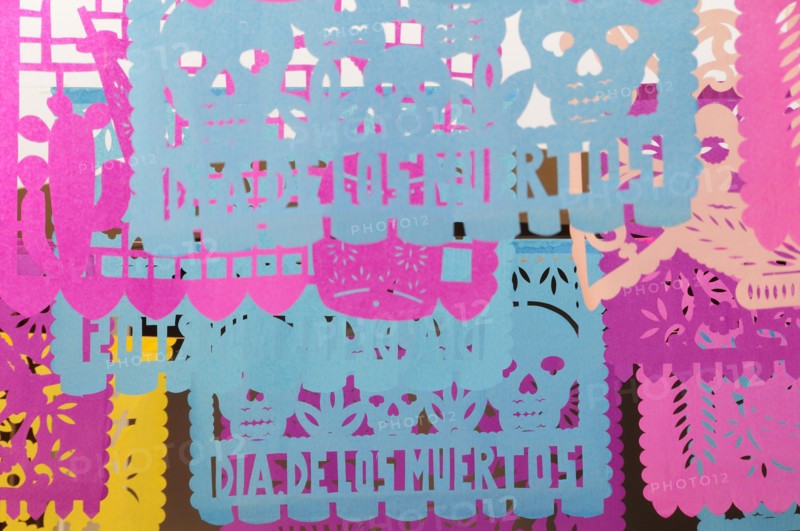 Mexico, Oaxaca, Brightly coloured decorations for Dia de los Muertos or Day of the Dead festivities. Photo : Nick Bonetti