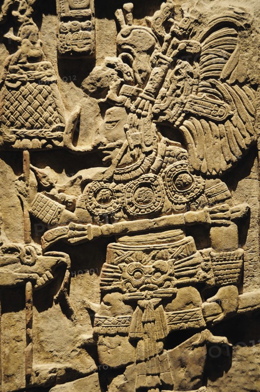 Mexico, Federal District, Mexico City, Museo Nacional de Antropologia Detail of lintel 43 de Yaxchilan relief carving from Chiapas depicting figure carrying ceremonial staff.. Photo : Nick Bonetti