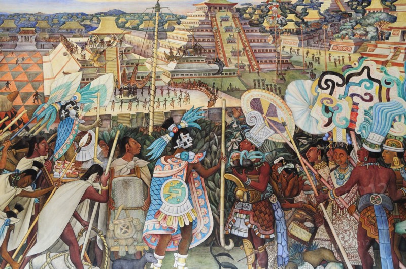 Mexico, Federal District, Mexico City, Mural by Diego Rivera depicting life before the Conquest in the Palacio National. Photo : Nick Bonetti