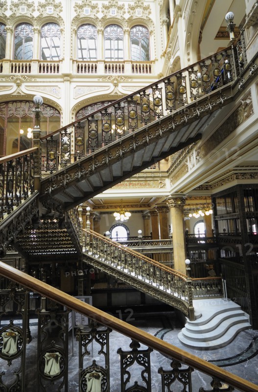 Mexico, Federal District, Mexico City, Art Nouveau interior and staircase of the Correo Central main Post Office. Photo : Nick Bonetti