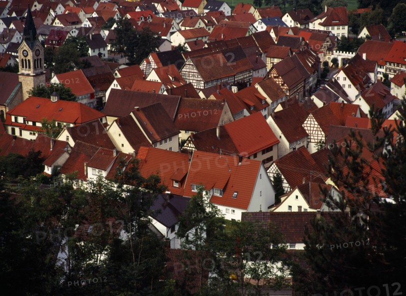 Germany, Baden-Wurttemberg, Fridingen Ander Donau, Red tile rooftops and white painted houses of village near Tuttlingen. Photo : Bryan Pickering