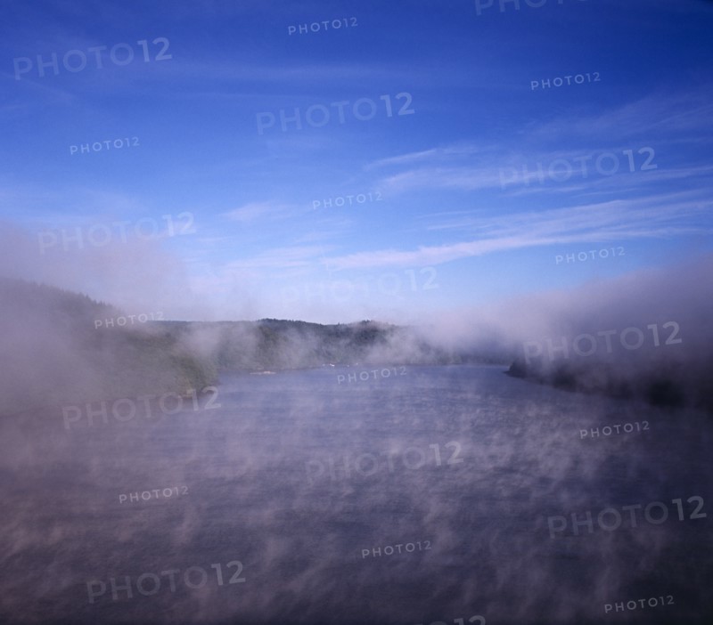 France, Bretagne, River Aulne, View from Pont de Terenez bridge looking west along River Aulne in dawn fog. Photo : Bryan Pickering