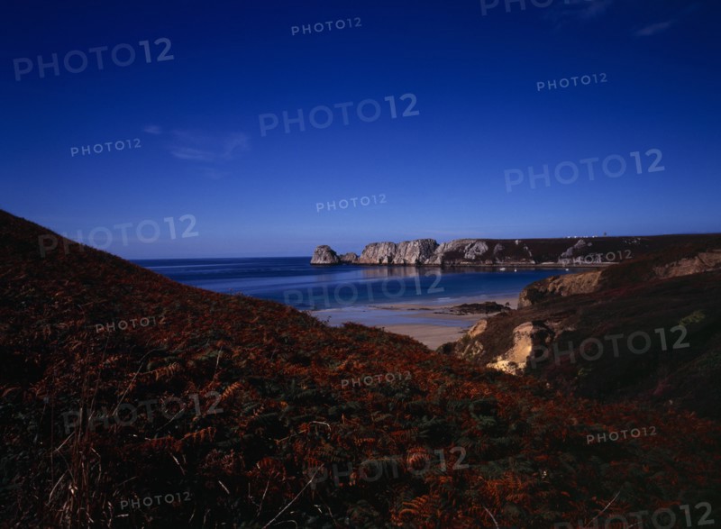 France, Bretagne, Crozon Peninsula, Pointe de Penhir from above Veryach Beach with braken covered cliff in foreground.. Photo : Bryan Pickering