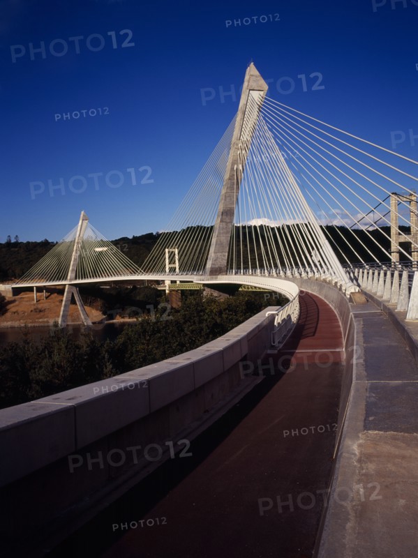 France, Bretagne, Finistere, View from South Bank left side of the Pont de Terenez suspension bridge over the River Aulne completed in 2011.. Photo : Bryan Pickering