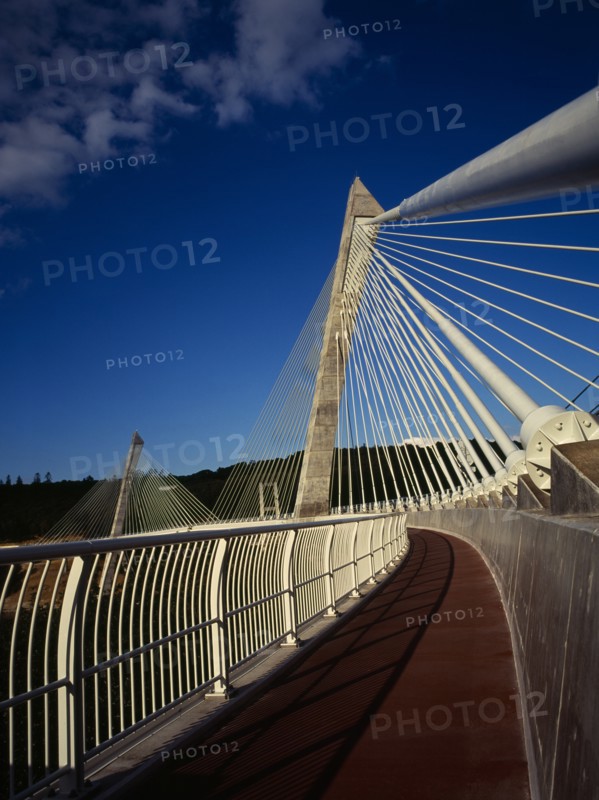 France, Bretagne, Finistere, The new Pont de Terenez suspension bridge opened April 2011 from south bank left side of the River Aulne.. Photo : Bryan Pickering