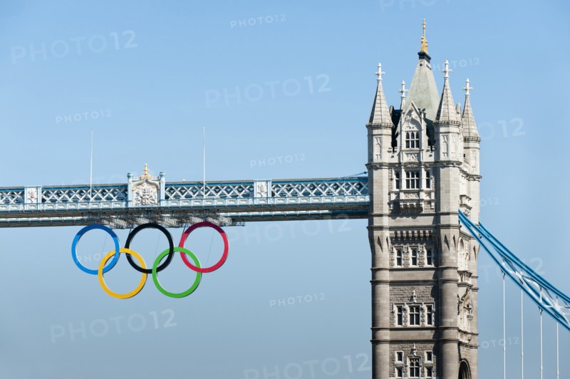 The Olympic rings suspended from the gantry of London's Tower Bridge celebrate the London 2012 Olympic games.