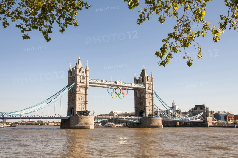 Tower Bridge, with the Olympic rings celebrating the 2012 Olympic Games, London, England
