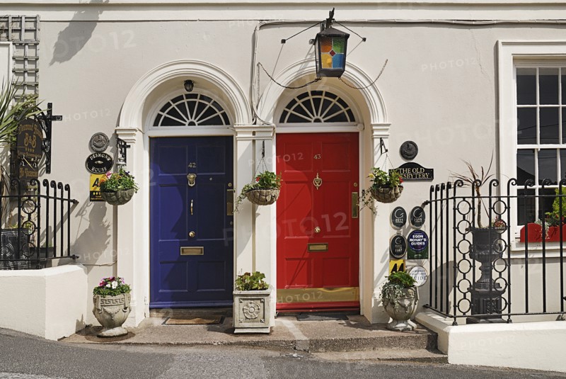 Ireland, County Cork, Kinsale, Colourful doorways of terraced houses. Photo : Hugh Rooney