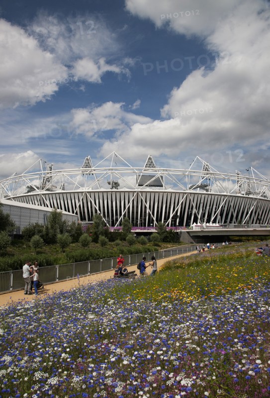 England, London, Stratford View of the 2012 Olympic Stadium with meadow planting in the foreground. Photo : Adina Tovy - Amsel