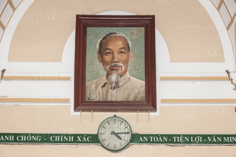 Vietnam, Ho Chi Minh City, Vietnam Portrait of Ho Chi Minh inside the Central Post Office. Photo : Mel Longhurst