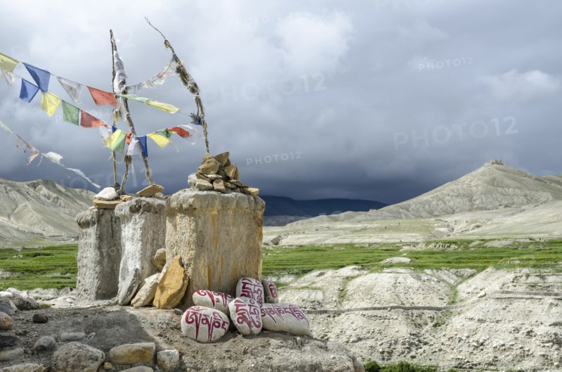 Nepal, Upper Mustang, Lo Manthang, Chortens and the distant ancient ruins at Lo Manthang. Photo : Sergey Orlov
