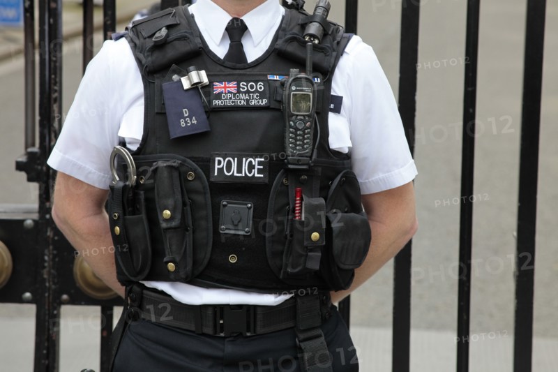 England, London, Detail of Police stab proof vest with various accessories. Photo : Sean Aidan