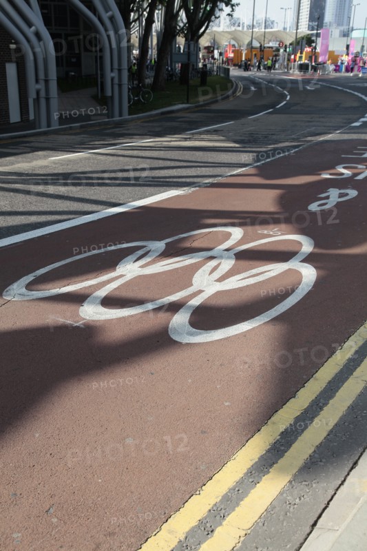 England, London, Stratford Olympic Games Lane marked on road. Photo : Sean Aidan