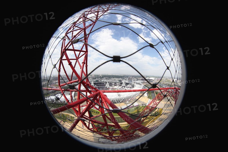 England, London, Stratford Fisheye view over the Olympic park from Anish Kapoors Orbit sculpture. Photo : Sean Aidan