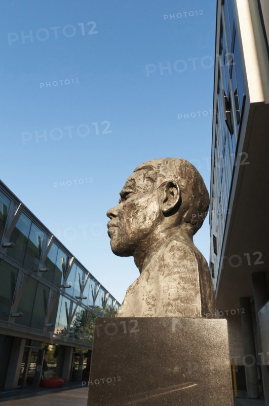 A sculpture of Nelson Mandela's head located outside the Royal Festival Hall, on London's South Bank celebrates the 70th anniversary of the African National Congress (ANC).