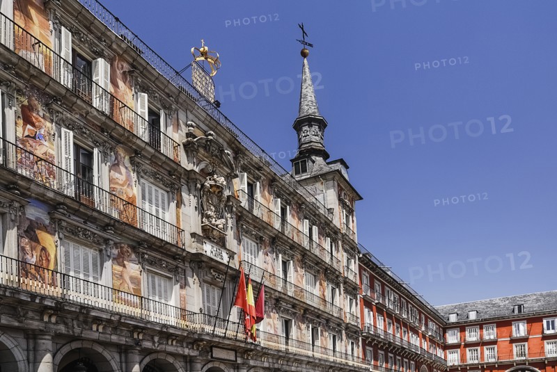 Spain, Madrid, Plaza Mayor Colorful murals on the Casa de la Panaderia. 
Photo Hugh Rooney / Eye Ubiquitous