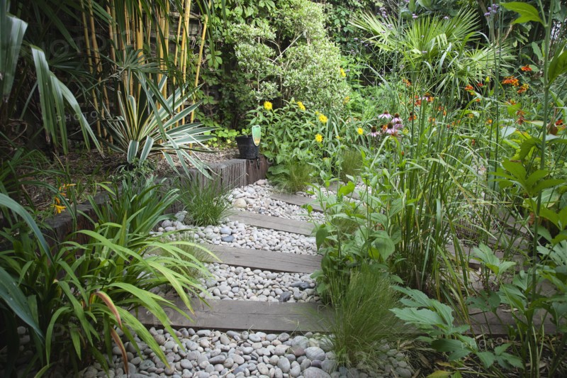 Plants, Garden, Urban garden with pebble path and railway sleepers. 
Photo Zhale Naoka Gibbs / Eye Ubiquitous