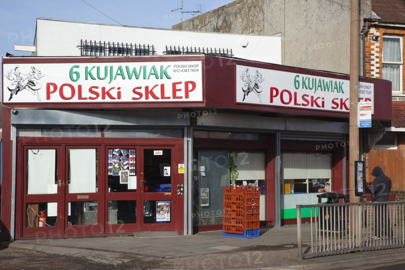 England, West Sussex, Bognor Regis, Exterior of Polish delicatessen. . 
Photo Stephen Rafferty / Eye Ubiquitous