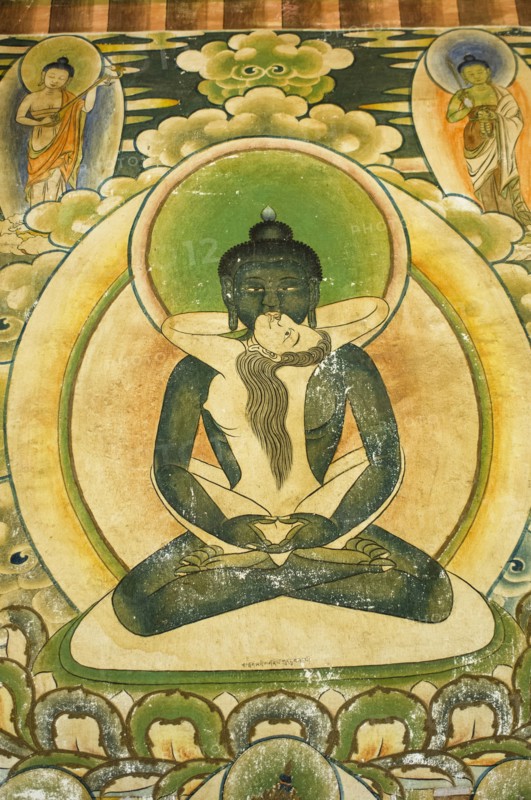 Bhutan, Lhuentse Dzong, Erotic mandala of Tshokey Dorji in the entrance to the Monastery. . 
Photo Nic I'Anson