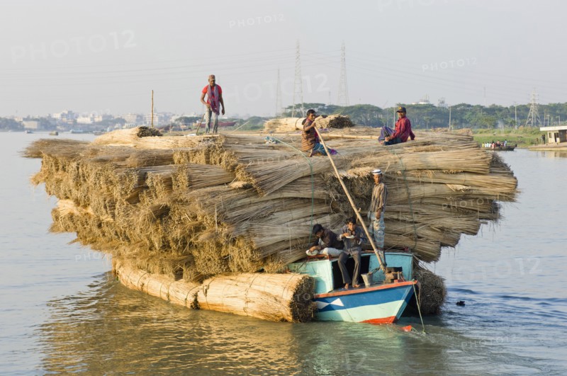 Bangladesh, Industry, Transport, Boat heavily laden with a cargo of jute stems on river.