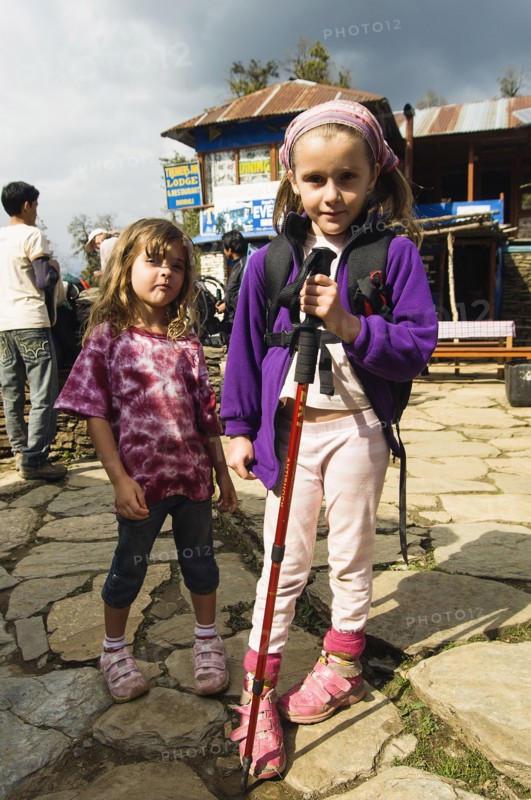 Nepal, Himalayas, Pokhara, Young English girls trekking in Nepali Himalayan hills near Pokhara. 
Photo NIc I Anson