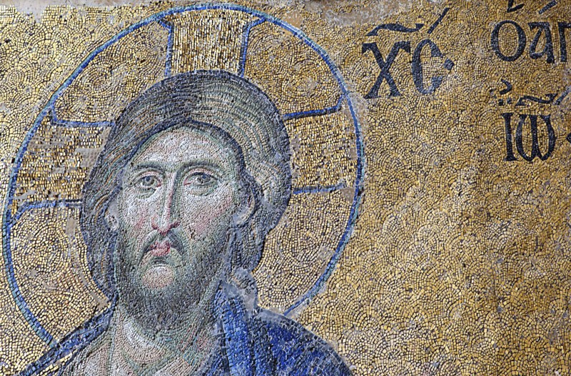Turkey, Istanbul, Fatih, Sultanahmet, Haghia Sofia interior, Close up of the mosiac of Jesus. 
Photo Stephen Rafferty