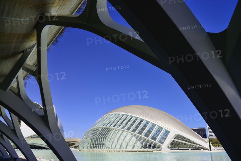 Spain, Valencia Province, Valencia, Spain, Valencia Province, Valencia, La Ciudad de las Artes y las Ciencias, City of Arts and Sciences, Palau de les Arts Reina Sofa, L'Hemisferic Imax Theatre Planetarium and Laserium. 
Photo Hugh Rooney