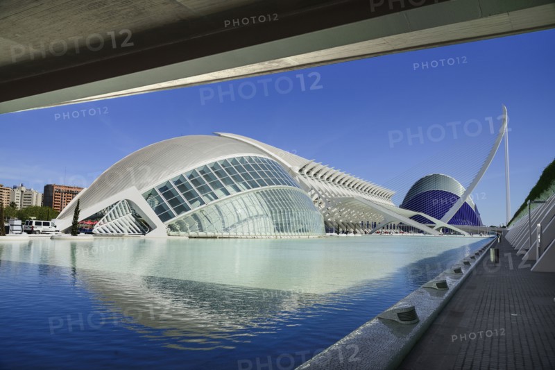 Spain, Valencia Province, Valencia, Spain, Valencia Province, Valencia, La Ciudad de las Artes y las Ciencias, City of Arts and Sciences, L'Hemisferic, Principe Felipe Science Museum, El Pont de l'Assut de l'Or Bridge and Agora. 
Photo Hugh Rooney