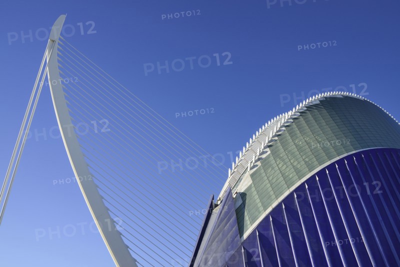 Spain, Valencia Province, Valencia, Spain, Valencia Province, Valencia, La Ciudad de las Artes y las Ciencias, City of Arts and Sciences, El Pont de l'Assut de l'Or with the Agora in the foreground. . 
Photo Hugh Rooney