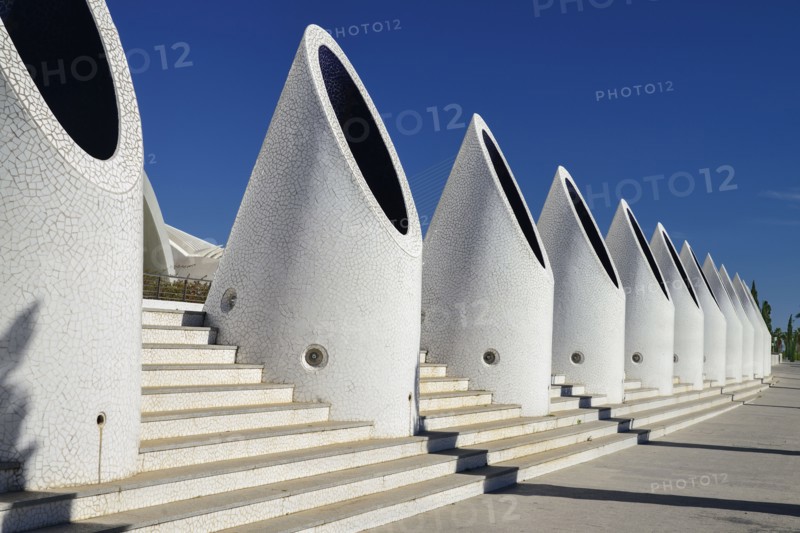 Spain, Valencia Province, Valencia, Spain, Valencia Province, Valencia, La Ciudad de las Artes y las Ciencias, City of Arts and Sciences, Pillars on the Umbracle sculpture garden. . 
Photo Hugh Rooney