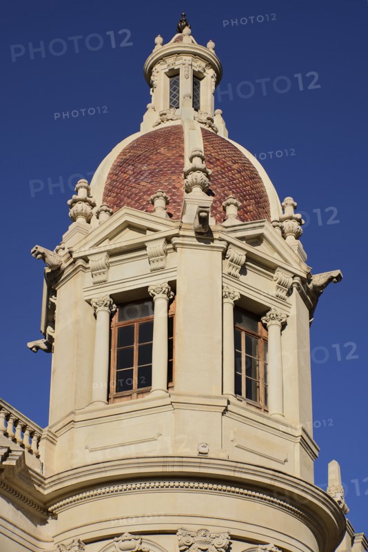 Spain, Valencia Province, Valencia, Spain, Valencia Province, Valencia, Spain, Valencia Province, Valencia, Plaza de Ayuntamiento, Casa Consistorial de Valencia, A tower on Valencia Town Hall. . 
Photo Hugh Rooney