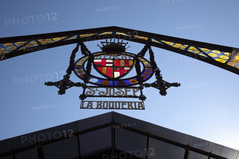 Spain, Catalonia, Barcelona, Ornate sign of La Boqueria market on La Rambla.