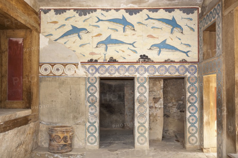 Greece, Crete, Knossos, Dolphin fresco in the Queen's Megaron, Knossos Palace. 
Photo Mel Longhurst