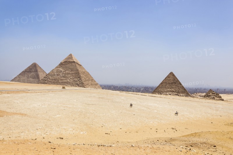 Egypt, Cairo Area, Giza, Great Pyramid of Giza, Pyramid of Khufu and Cheops, Pyramid of Khafre, Chephren and Pyramid of Menkaure. . 
Photo Mel Longhurst