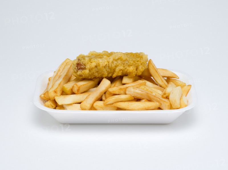 Food, Cooked, Meat, A single battered pork sausage with potato chips