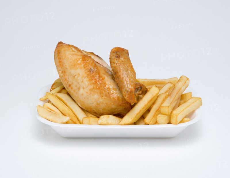 Food, Cooked, Poultry, Fried chicken quarter and potato chips