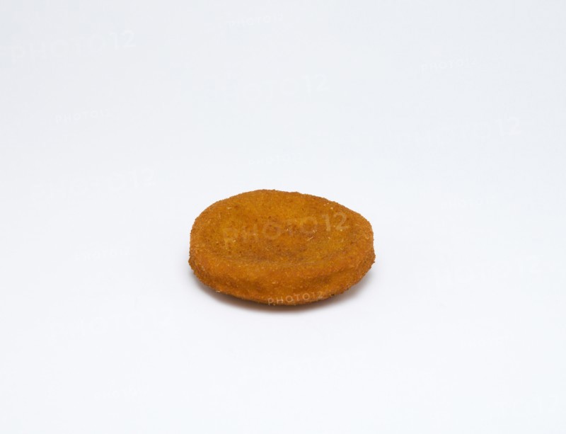 Food, Cooked, Fish, Single fried fishcake on a white background.