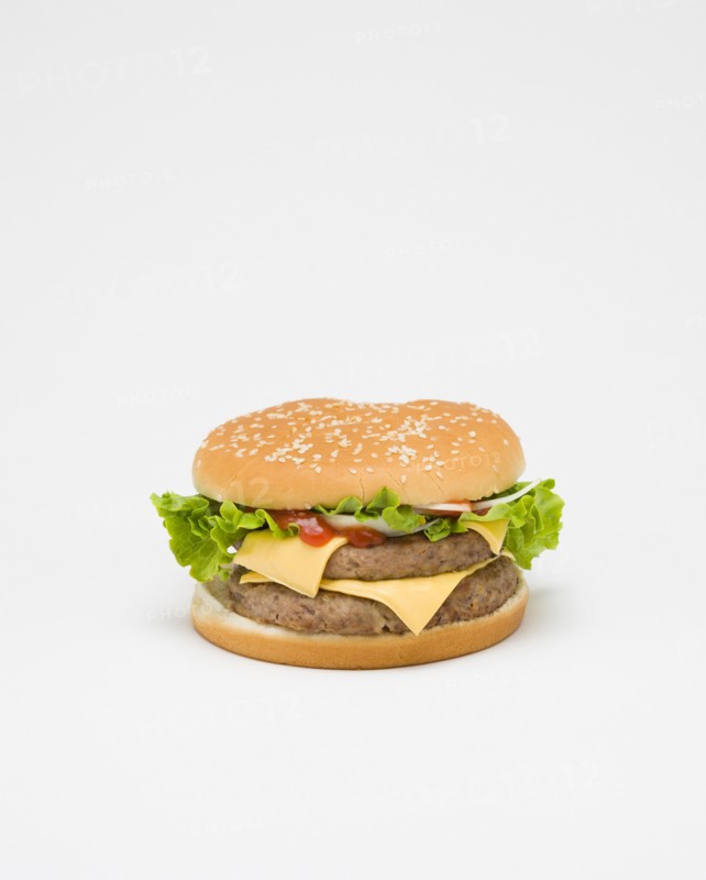 Food, Cooked, Meat, Double cheesburger with salad in a bun on a white background.