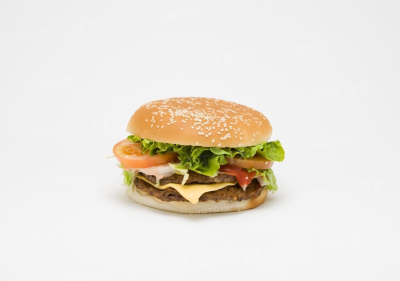 Food, Cooked, Meat, Double cheesburger with salad and tomato ketchup in a bun on a white background.