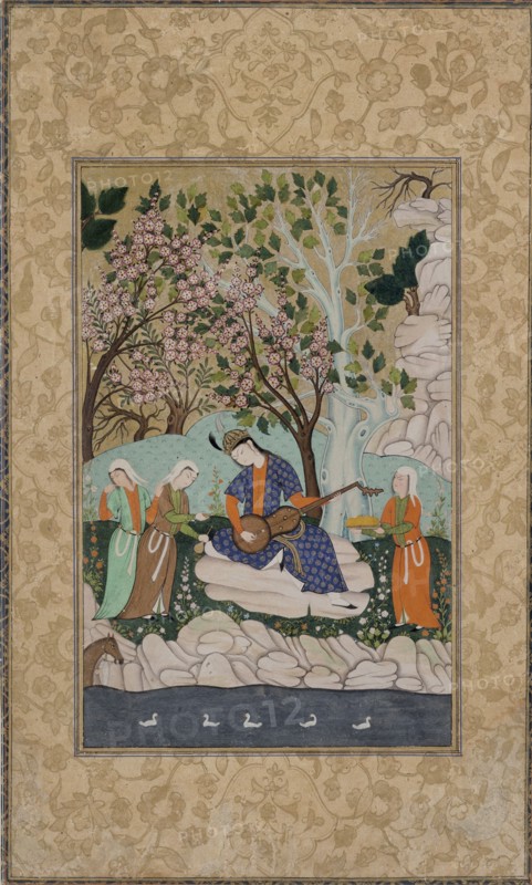 Prince jouant du luth à long manche au bord de la rivière