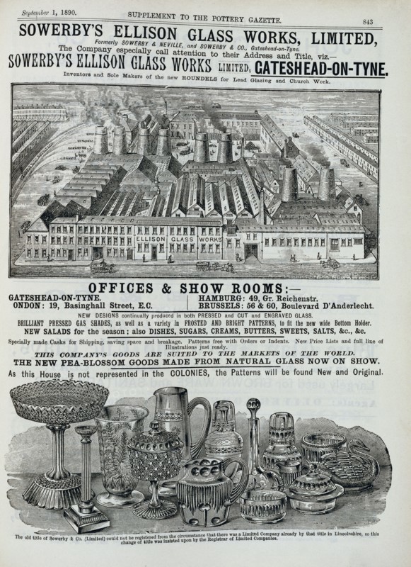 Publicité pour les ateliers de verre Sowerby's Ellison