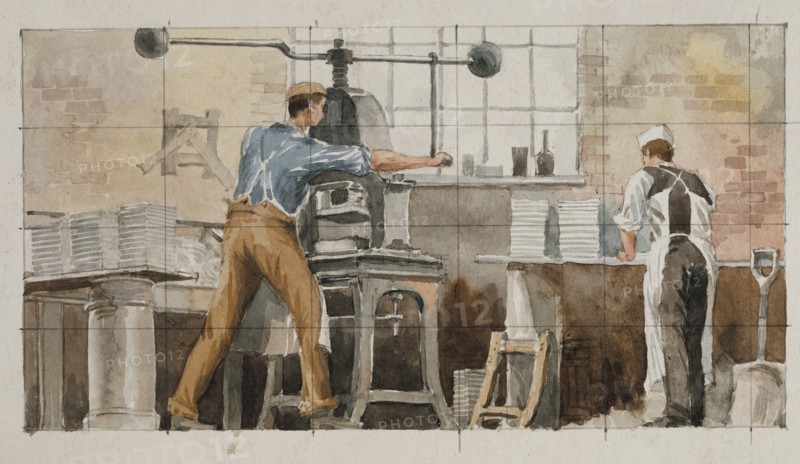 Rowe, Mise au carreau : partie d'une frise en céramique représentant les ateliers Doultons Lambeth Pottery