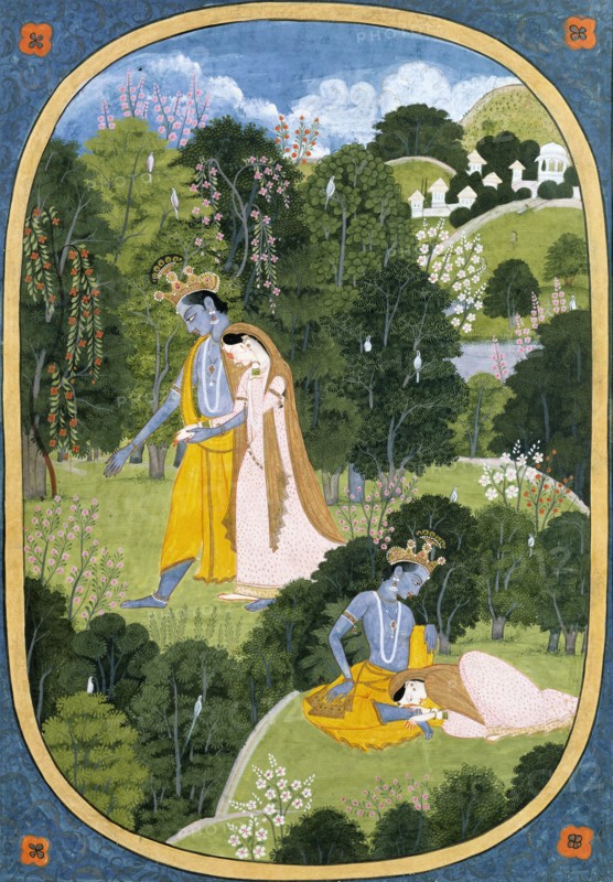 Radha and Krishna walking in a grove. Punjab Hills, India, 1810-12