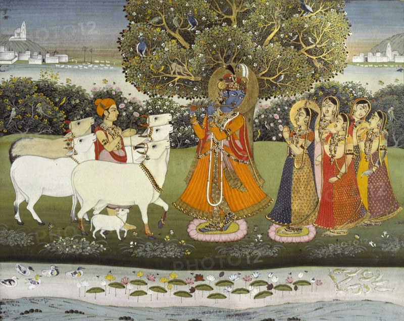 Krishna playing the flute to the gopis. Jaipur, India, 1840