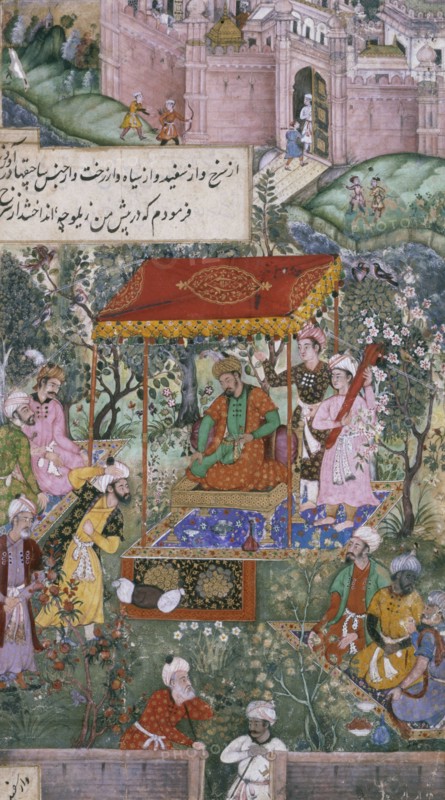 Babur receiving Uzbeck & Rajput envoys in a garden at Agra on December 18th, 1528. Mughal, India, 1590