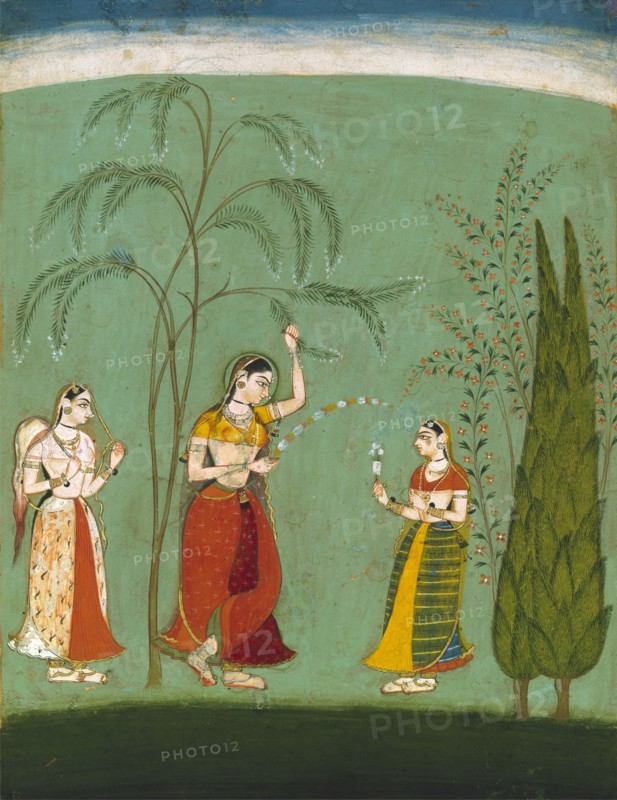 A Princess, her maid and a fly-whisk bearer amongst flowering trees. Bundi, Rajasthan, India, late 17th century