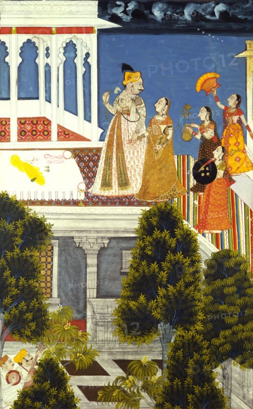 Raja Jagat Singh II walking with ladies on the Palace roof at Udaipur. India, mid-18th century