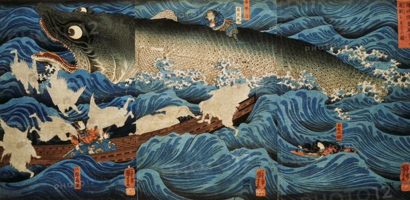 The Spirit of Sanuki-in Saving Tametomo from Suicide, by Utagawa Kuniyoshi