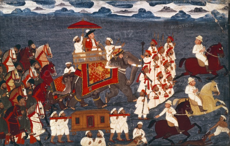 Colonel James Tod riding an elephant. Udaipur, India, early 19th century