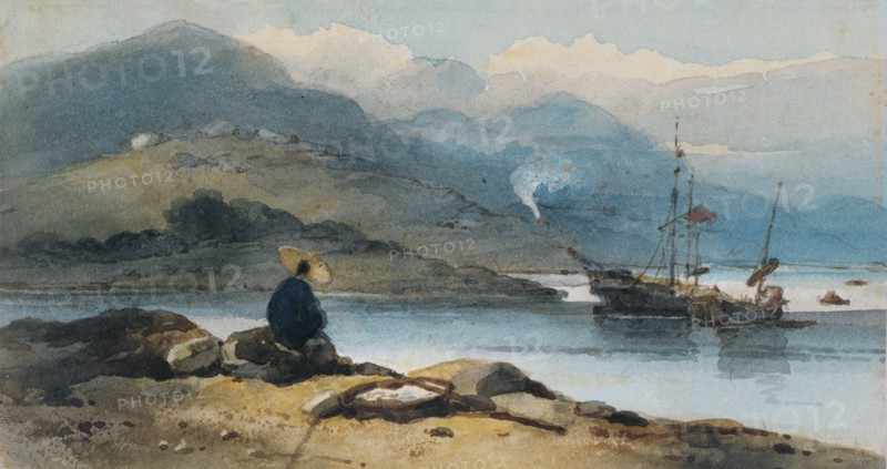 Chinnery, Fleuve en Chine et personnage sur la rive